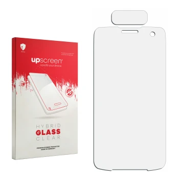 Parte frontal de un envase de producto con el logotipo de la marca upscreen. Al lado está el protector de pantalla correspondi