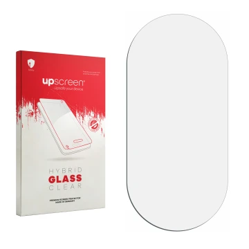 Parte frontal de un envase de producto con el logotipo de la marca upscreen. Al lado está el protector de pantalla correspondi