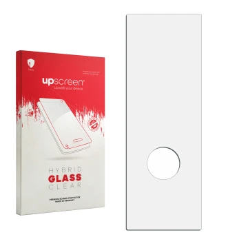Parte frontal de un envase de producto con el logotipo de la marca upscreen. Al lado está el protector de pantalla correspondi