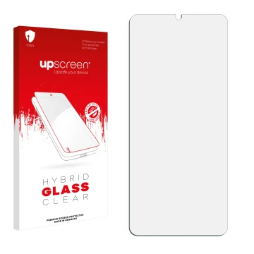 Parte frontal de un envase de producto con el logotipo de la marca upscreen. Al lado está el protector de pantalla correspondi