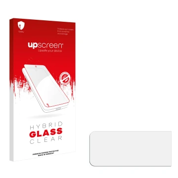 Parte frontal de un envase de producto con el logotipo de la marca upscreen. Al lado está el protector de pantalla correspondi