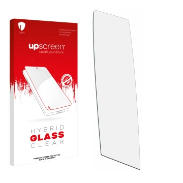 Parte frontal de un envase de producto con el logotipo de la marca upscreen. Al lado está el protector de pantalla correspondi