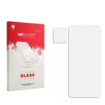 Parte frontal de un envase de producto con el logotipo de la marca upscreen. Al lado está el protector de pantalla correspondi