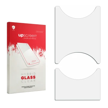 Parte frontal de un envase de producto con el logotipo de la marca upscreen. Al lado está el protector de pantalla correspondi