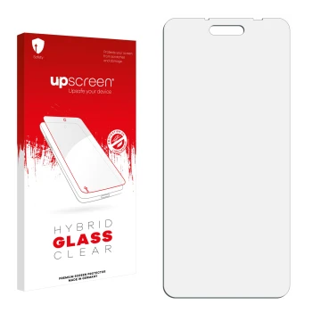 Parte frontal de un envase de producto con el logotipo de la marca upscreen. Al lado está el protector de pantalla correspondi