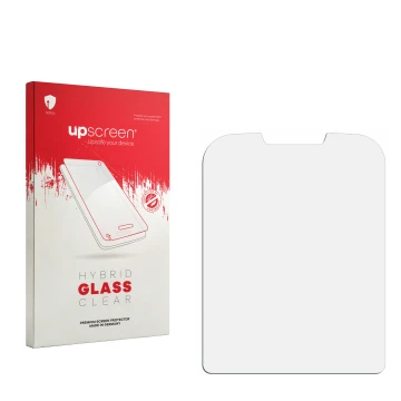 Parte frontal de un envase de producto con el logotipo de la marca upscreen. Al lado está el protector de pantalla correspondi