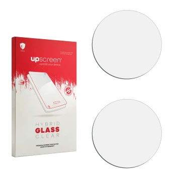Parte frontal de un envase de producto con el logotipo de la marca upscreen. Al lado está el protector de pantalla correspondi