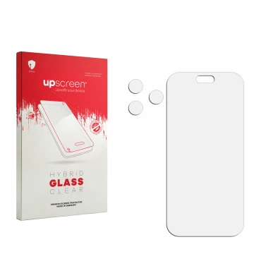 Parte frontal de un envase de producto con el logotipo de la marca upscreen. Al lado está el protector de pantalla correspondi