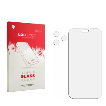 Parte frontal de un envase de producto con el logotipo de la marca upscreen. Al lado está el protector de pantalla correspondi