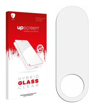 Parte frontal de un envase de producto con el logotipo de la marca upscreen. Al lado está el protector de pantalla correspondi