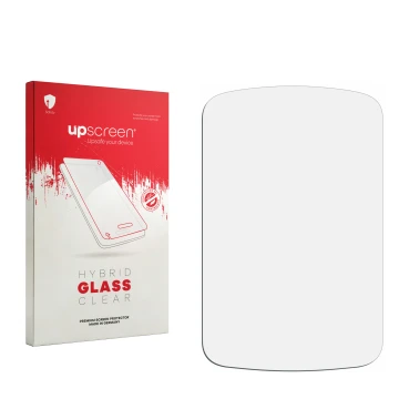 Parte frontal de un envase de producto con el logotipo de la marca upscreen. Al lado está el protector de pantalla correspondi