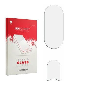 Parte frontal de un envase de producto con el logotipo de la marca upscreen. Al lado está el protector de pantalla correspondi