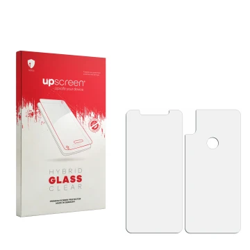 Parte frontal de un envase de producto con el logotipo de la marca upscreen. Al lado está el protector de pantalla correspondi