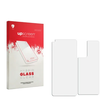 Parte frontal de un envase de producto con el logotipo de la marca upscreen. Al lado está el protector de pantalla correspondi