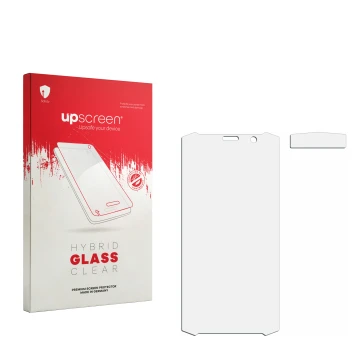 Parte frontal de un envase de producto con el logotipo de la marca upscreen. Al lado está el protector de pantalla correspondi