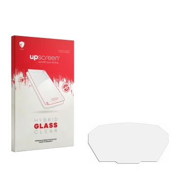 Parte frontal de un envase de producto con el logotipo de la marca upscreen. Al lado está el protector de pantalla correspondi