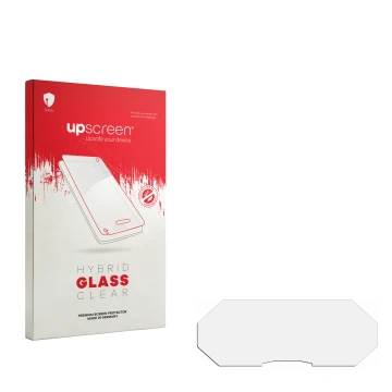 Parte frontal de un envase de producto con el logotipo de la marca upscreen. Al lado está el protector de pantalla correspondi