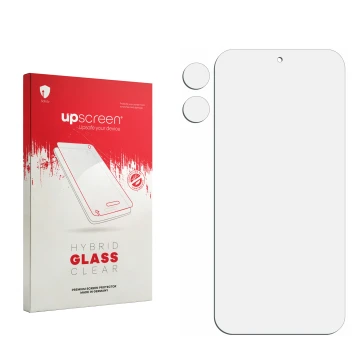 Parte frontal de un envase de producto con el logotipo de la marca upscreen. Al lado está el protector de pantalla correspondi