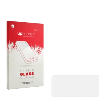 Parte frontal de un envase de producto con el logotipo de la marca upscreen. Al lado está el protector de pantalla correspondi
