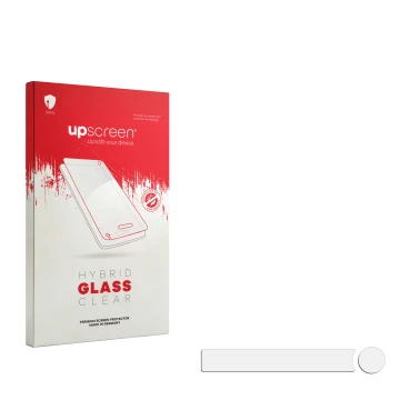 Parte frontal de un envase de producto con el logotipo de la marca upscreen. Al lado está el protector de pantalla correspondi