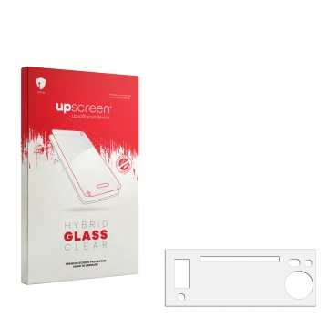 Parte frontal de un envase de producto con el logotipo de la marca upscreen. Al lado está el protector de pantalla correspondi