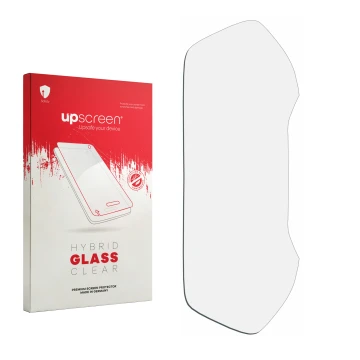 Parte frontal de un envase de producto con el logotipo de la marca upscreen. Al lado está el protector de pantalla correspondi