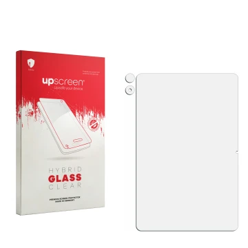 Parte frontal de un envase de producto con el logotipo de la marca upscreen. Al lado está el protector de pantalla correspondi