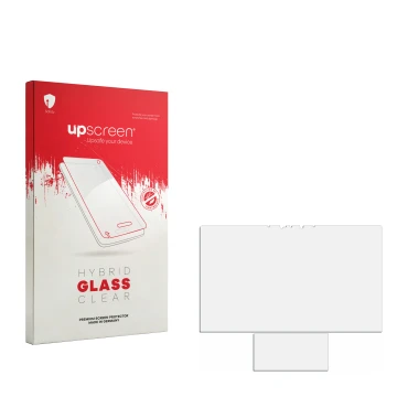 Parte frontal de un envase de producto con el logotipo de la marca upscreen. Al lado está el protector de pantalla correspondi