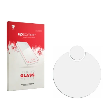 Parte frontal de un envase de producto con el logotipo de la marca upscreen. Al lado está el protector de pantalla correspondi