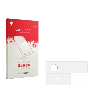 Parte frontal de un envase de producto con el logotipo de la marca upscreen. Al lado está el protector de pantalla correspondi