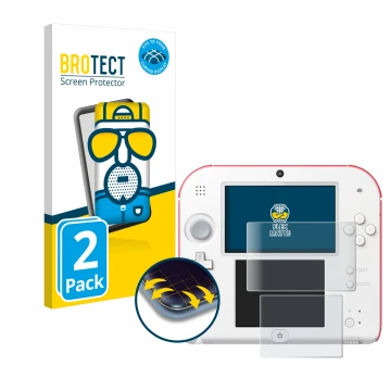 Parte frontal de un envase de producto con el logotipo de la marca BROTECT. Al lado se muestra el dispositivo Nintendo 2DS con