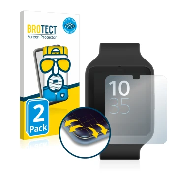 Parte frontal de un envase de producto con el logotipo de la marca BROTECT. Al lado se muestra el dispositivo Sony Smartwatch 