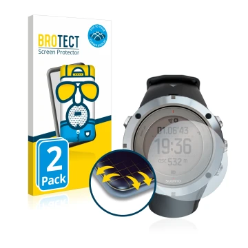 Parte frontal de un envase de producto con el logotipo de la marca BROTECT. Al lado se muestra el dispositivo Suunto Ambit3 Pe