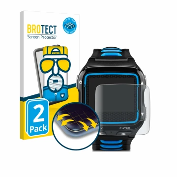 Parte frontal de un envase de producto con el logotipo de la marca BROTECT. Al lado se muestra el dispositivo Garmin Forerunne