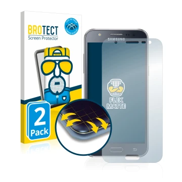 Parte frontal de un envase de producto con el logotipo de la marca BROTECT. Al lado se muestra el dispositivo Samsung Galaxy J
