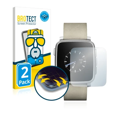 Parte frontal de un envase de producto con el logotipo de la marca BROTECT. Al lado se muestra el dispositivo Pebble Time Stee