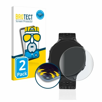 Parte frontal de un envase de producto con el logotipo de la marca BROTECT. Al lado se muestra el dispositivo Garmin Forerunne