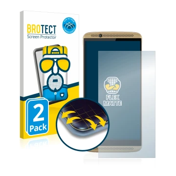 Parte frontal de un envase de producto con el logotipo de la marca BROTECT. Al lado se muestra el dispositivo ZTE Axon 7 con s
