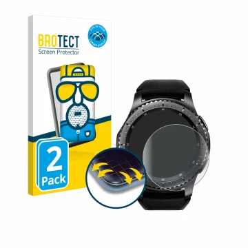 Parte frontal de un envase de producto con el logotipo de la marca BROTECT. Al lado se muestra el dispositivo Samsung Gear S3 