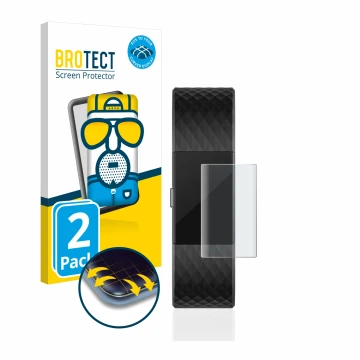 Parte frontal de un envase de producto con el logotipo de la marca BROTECT. Al lado se muestra el dispositivo Fitbit Charge 2 
