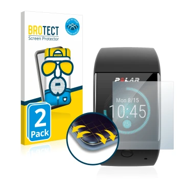 Parte frontal de un envase de producto con el logotipo de la marca BROTECT. Al lado se muestra el dispositivo Polar M600 con s