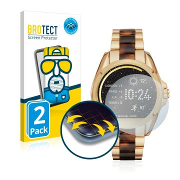 Parte frontal de un envase de producto con el logotipo de la marca BROTECT. Al lado se muestra el dispositivo Michael Kors Acc