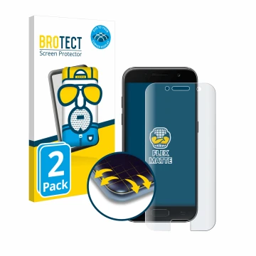 Parte frontal de un envase de producto con el logotipo de la marca BROTECT. Al lado se muestra el dispositivo Samsung Galaxy A