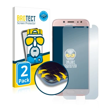 Parte frontal de un envase de producto con el logotipo de la marca BROTECT. Al lado se muestra el dispositivo Samsung Galaxy J