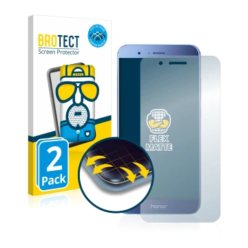 Parte frontal de un envase de producto con el logotipo de la marca BROTECT. Al lado se muestra el dispositivo Honor 8 Pro con 