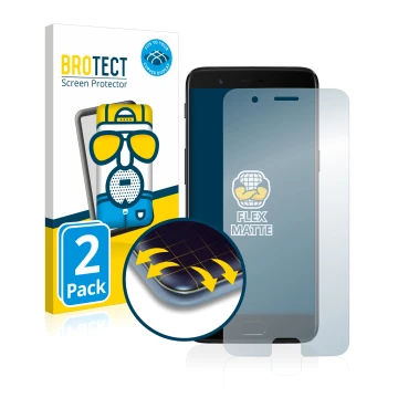 Parte frontal de un envase de producto con el logotipo de la marca BROTECT. Al lado se muestra el dispositivo OnePlus 5 con su