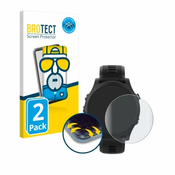 Parte frontal de un envase de producto con el logotipo de la marca BROTECT. Al lado se muestra el dispositivo Garmin Forerunne