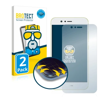 Parte frontal de un envase de producto con el logotipo de la marca BROTECT. Al lado se muestra el dispositivo Huawei Nova 2 co