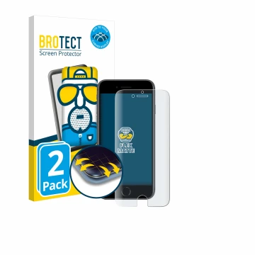 Parte frontal de un envase de producto con el logotipo de la marca BROTECT. Al lado se muestra el dispositivo Apple iPhone 8 c