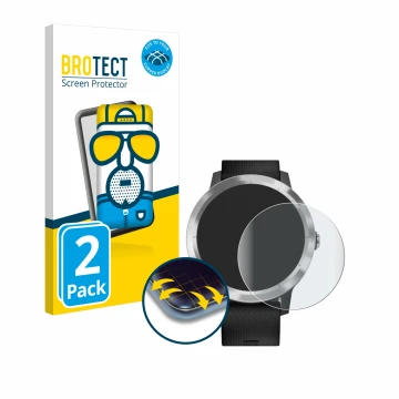 Parte frontal de un envase de producto con el logotipo de la marca BROTECT. Al lado se muestra el dispositivo Garmin vivoactiv